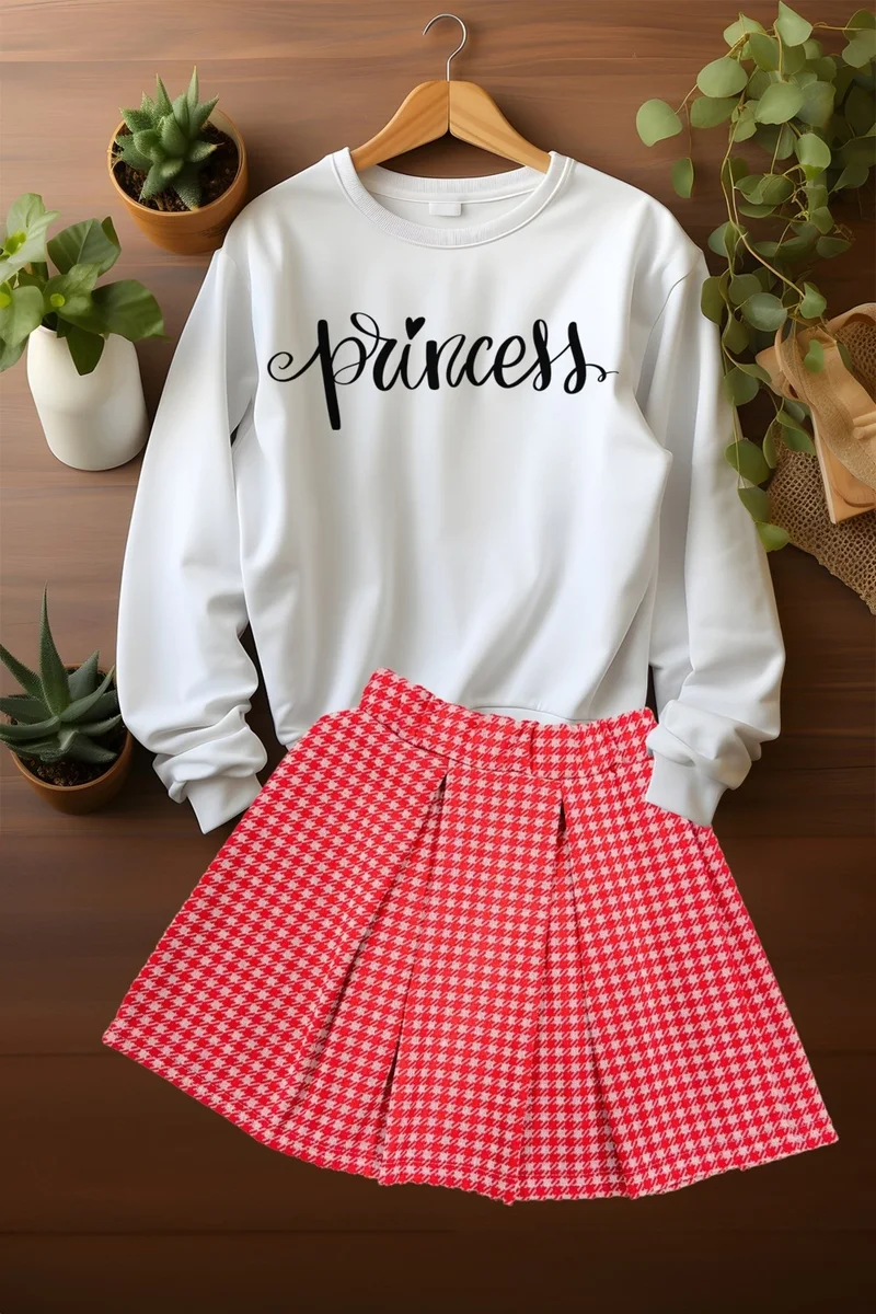 Ada Bebek Çocuk Ada Baby Child Style Plaid Skirt Princes Patterned Sweat Skirt Top and Bottom Set