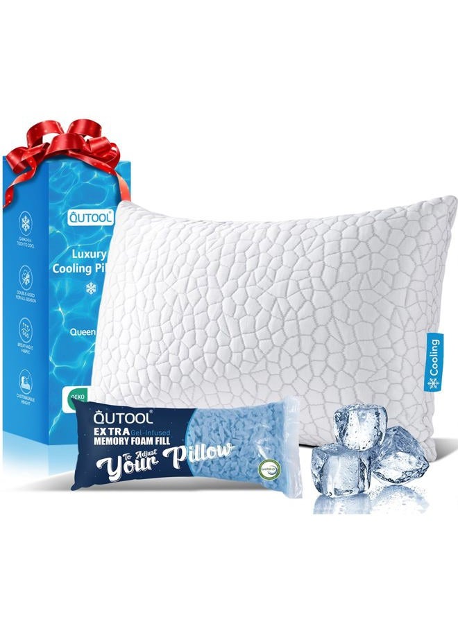 QUTOOL Shredded Memory Foam Pillows for Sleeping - Queen Size Pillow, Cooling Gel Pillows for Hot Sleepers Cool Pillow for Side and Back Sleeper, Soft yet Support Adjustable Bed Pillow with Extra Fill - Image 1