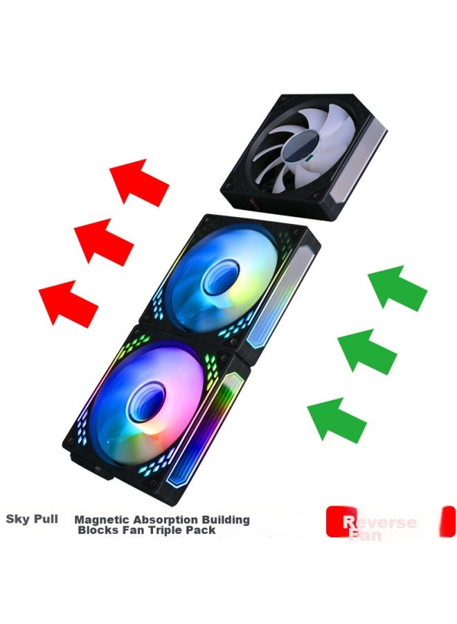 Play Jia Wanjia Tian Magnetic Fan Building Block Set, Black Reverse Triple Pack, 12cm Water Cooling Case Fan, Magnetic Wireless Splicing, Argb Light Synchronization, Pwm Temperature Control - Image 1