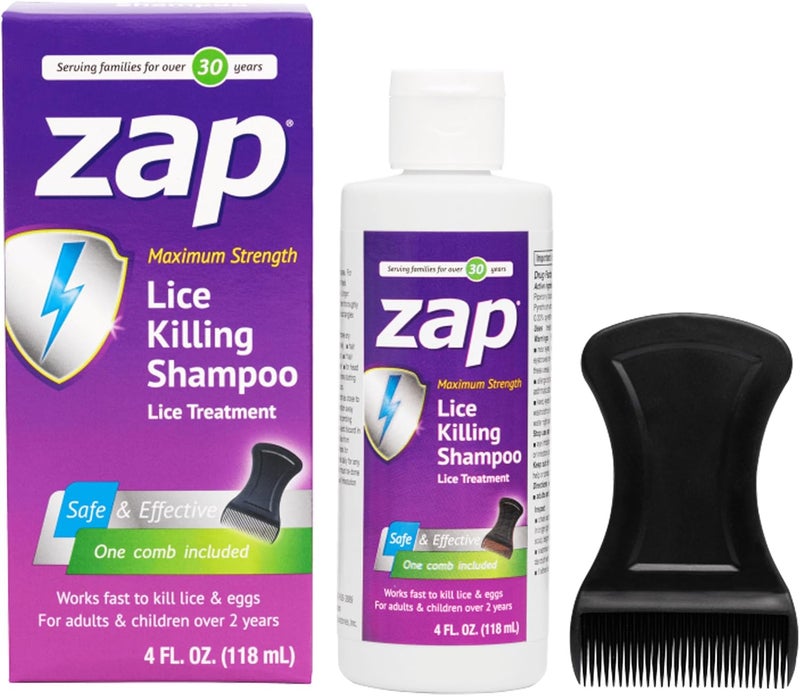 ZAP شامبو زاب للقمل بقوة إضافية - مجموعة قمل مع مشط شامل 4 أونصة سائلة.