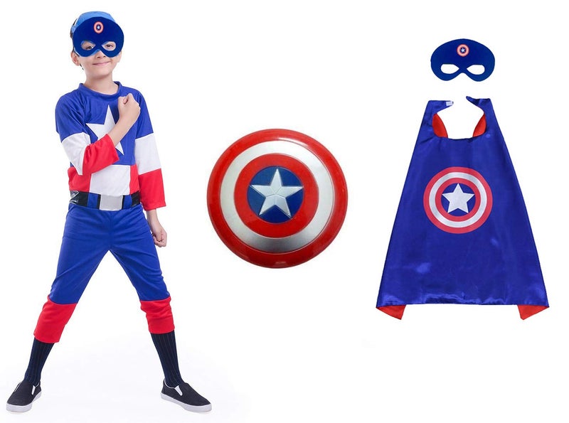 FancyDressWale American Soldier Jumpuit costume for Boys with Cape,Felt Mask and Plastic Shield; Blue; 2-4 Years - Image 1