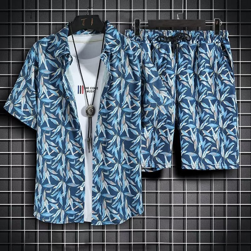 Generic 2025 Casual Hawaiian Mens Shirt Shorts Summer Fashionable Loose Short-sleeved Japanese Seaside Couples Beach suit Blue 