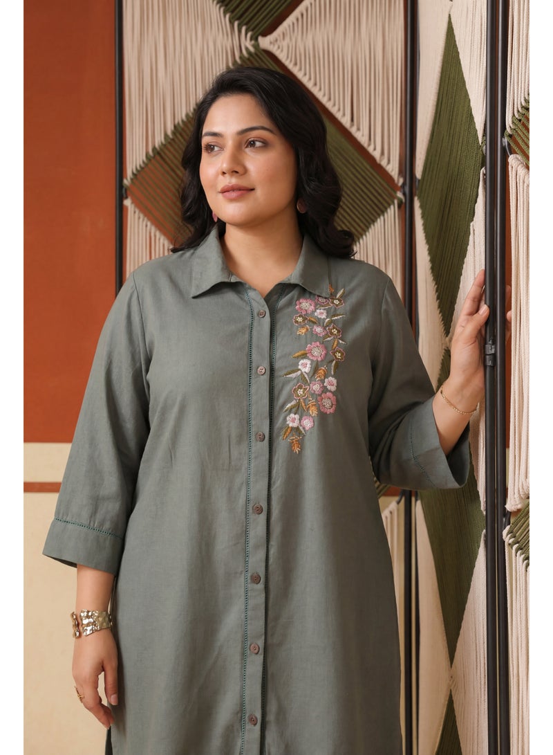 PRIYA’S PANACHE Sage Green Embroidered Rayon Flex Plus Size Co-ord Set with Trouser for Women – Indian Ethnic Wear Kurta Set, Festive & Casual Wear. - Image 2