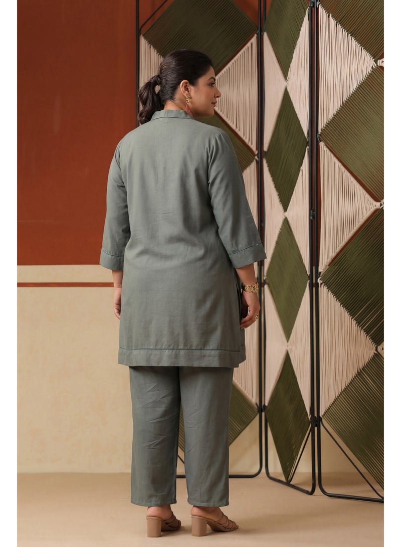 PRIYA’S PANACHE Sage Green Embroidered Rayon Flex Plus Size Co-ord Set with Trouser for Women – Indian Ethnic Wear Kurta Set, Festive & Casual Wear. - Image 3