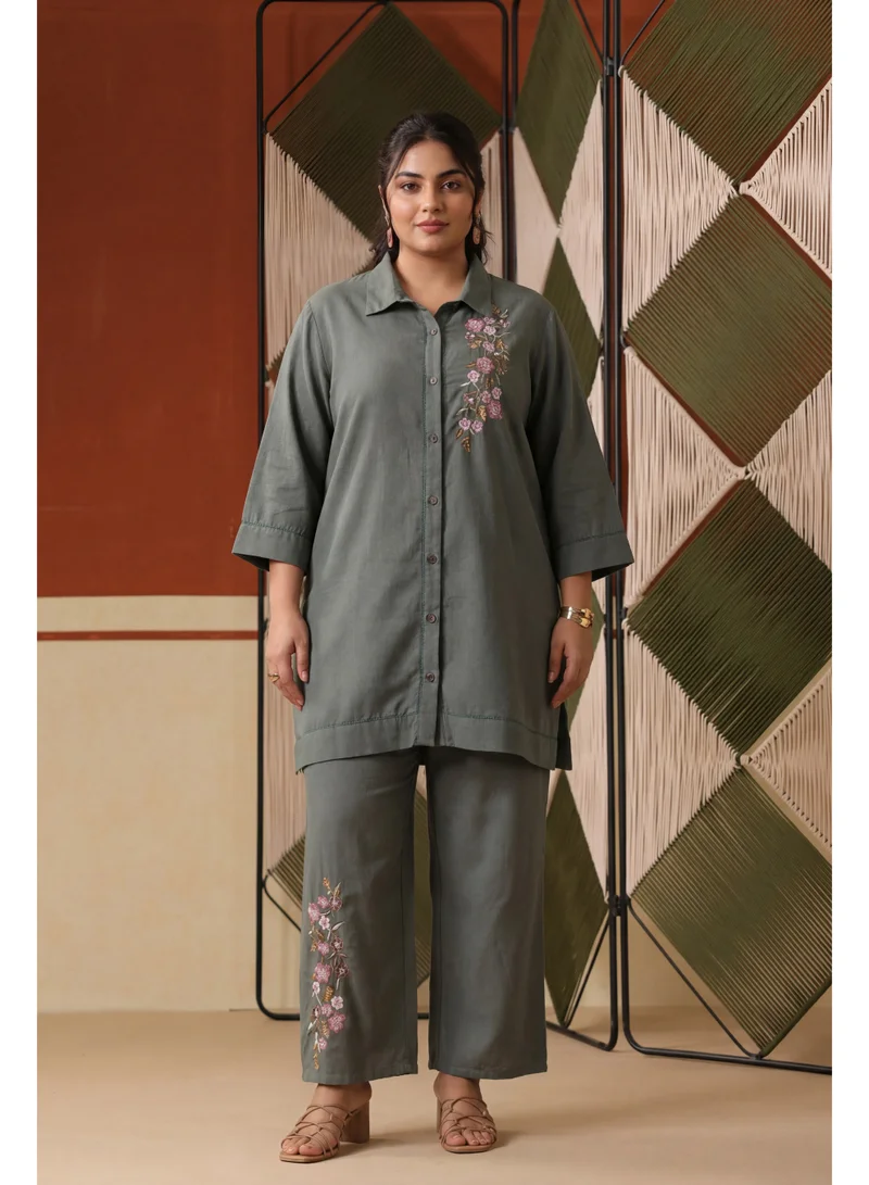 PRIYA’S PANACHE Sage Green Embroidered Rayon Flex Plus Size Co-ord Set with Trouser for Women – Indian Ethnic Wear Kurta Set, Festive & Casual Wear.