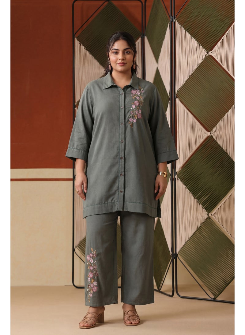 PRIYA’S PANACHE Sage Green Embroidered Rayon Flex Plus Size Co-ord Set with Trouser for Women – Indian Ethnic Wear Kurta Set, Festive & Casual Wear. - Image 1