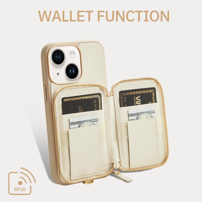 ZVE Wallet Case for iPhone 13 6.1'', Zipper Wallet Case with Credit Card with Wrist Strap, Protective Handbag Purse Leather Case Beige - Image 2