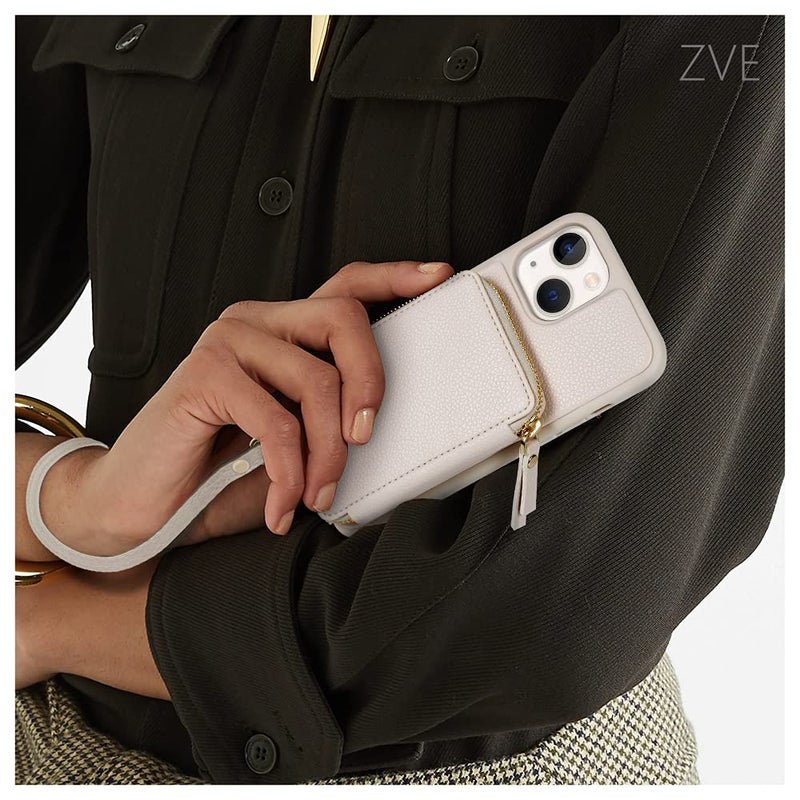 ZVE Wallet Case for iPhone 13 6.1'', Zipper Wallet Case with Credit Card with Wrist Strap, Protective Handbag Purse Leather Case Beige - Image 3