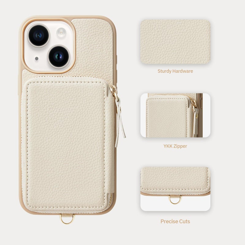 ZVE Wallet Case for iPhone 13 6.1'', Zipper Wallet Case with Credit Card with Wrist Strap, Protective Handbag Purse Leather Case Beige - Image 5