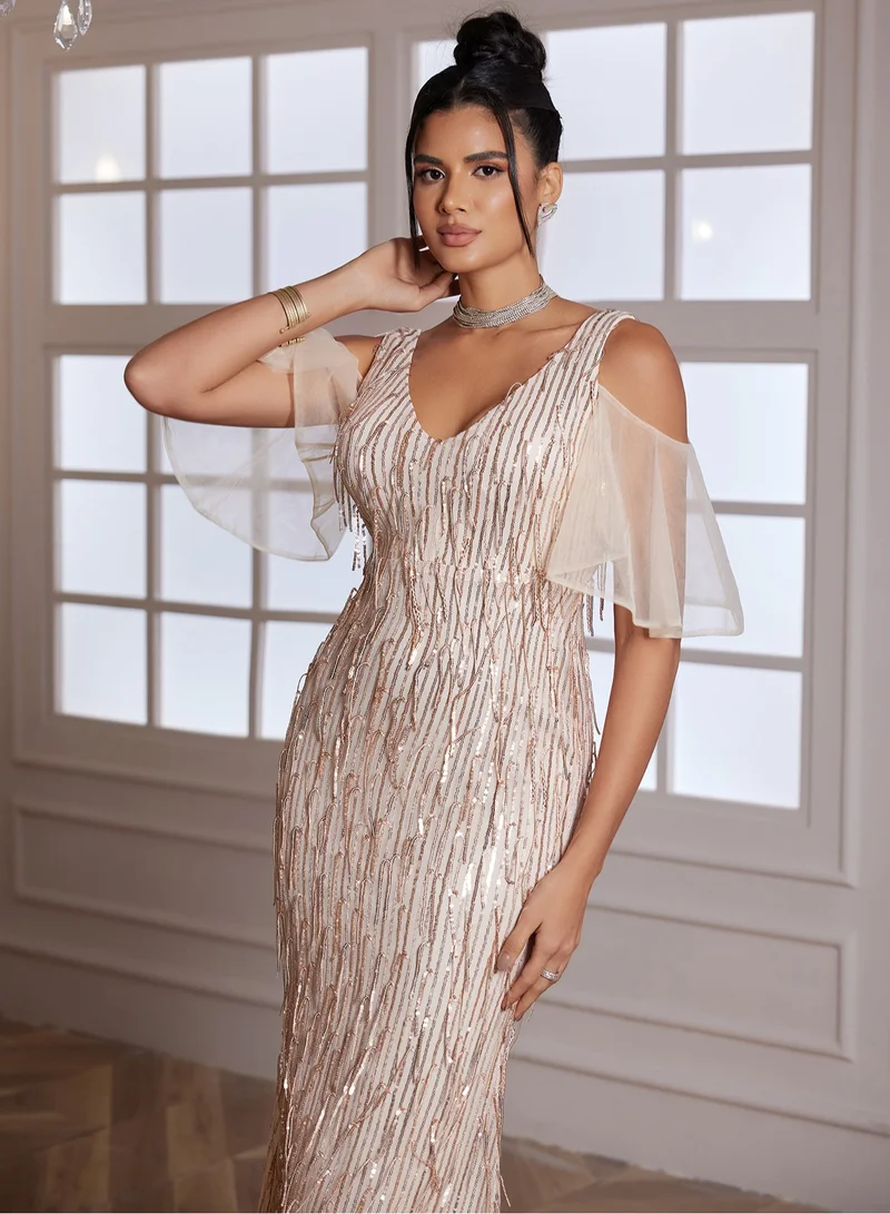 Madam Uniq Sequin V - Neck Sheer Mesh - Sleeve Maxi Evening Dress