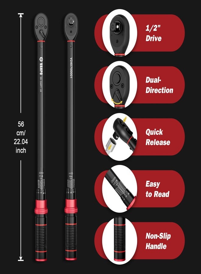 VANPO 1/2-inch Drive Click Torque Wrench Set, 20-260 Ft-Lb / 27.1-352.3 Nm, 22.04", Dual Direction, 72 Tooth, Adjustment Torque Wrench with 1/2" to 3/8" Adapter & 125mm Extension Bar for Car & Truck - Image 2