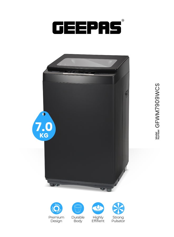 GEEPAS Fully Automatic Top Load Washing Machine With Durable Body/Highly Efficient/Premium Design/LED Digital Display/Diamond Drum for Better Cleaning 7 kg 720 W GFWM7909WCXNV Metallic Grey - Image 1