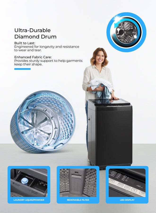 GEEPAS Fully Automatic Top Load Washing Machine With Durable Body/Highly Efficient/Premium Design/LED Digital Display/Diamond Drum for Better Cleaning 7 kg 720 W GFWM7909WCXNV Metallic Grey - Image 2