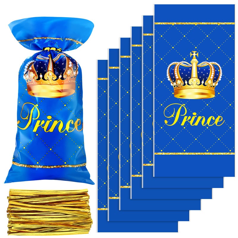 Geyee 100 Pcs Royal Prince Party Favor Bags Plastic Gift Bags Blue Candy Pouches with Ties Treat Goodie Pouches with 150 Pcs Gold Twist Ties for Birthday Party Baby Shower Supplies 5 x 11 Inch