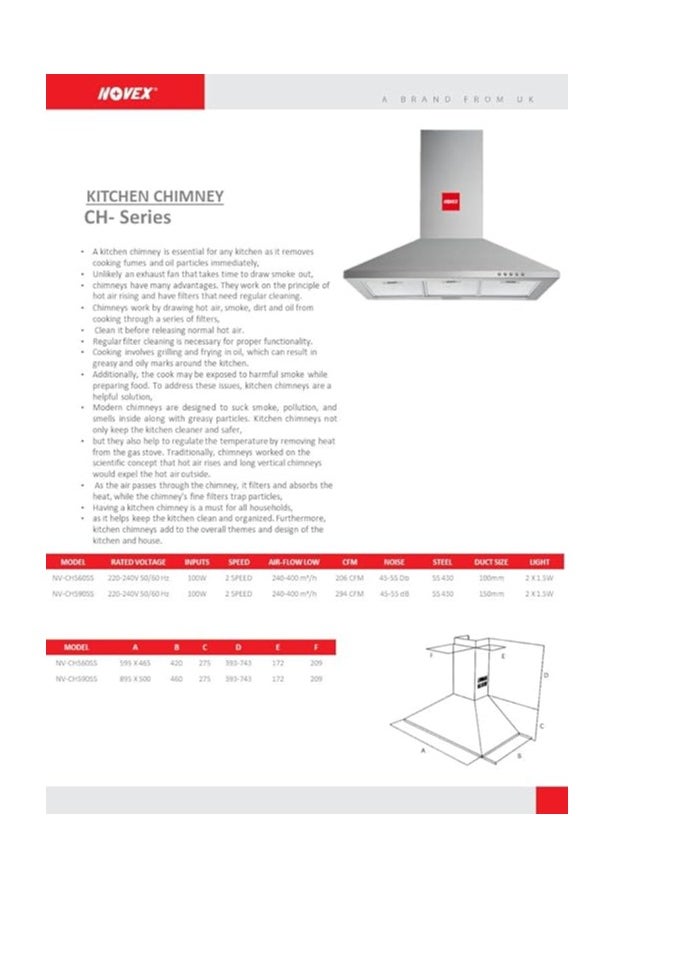 NOVEX - Chimney Cooker Hood 60CM Mechanical Control 3 Speed Silver - Image 1