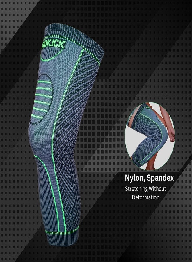 Prokick Stride Premium Compression Long Knee Support|Knee Support For Men&Women|Knee Support for Running, Tennis, Football, Joint Pain Relief Knee Support - Grey/Green (XL)(1Piece) - Image 2