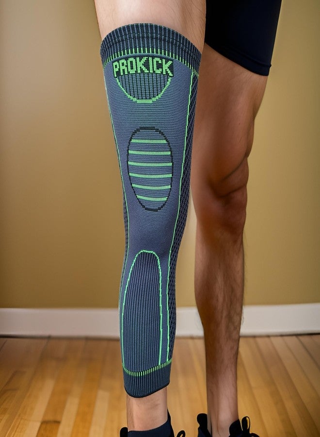 Prokick Stride Premium Compression Long Knee Support|Knee Support For Men&Women|Knee Support for Running, Tennis, Football, Joint Pain Relief Knee Support - Grey/Green (XL)(1Piece) - Image 3