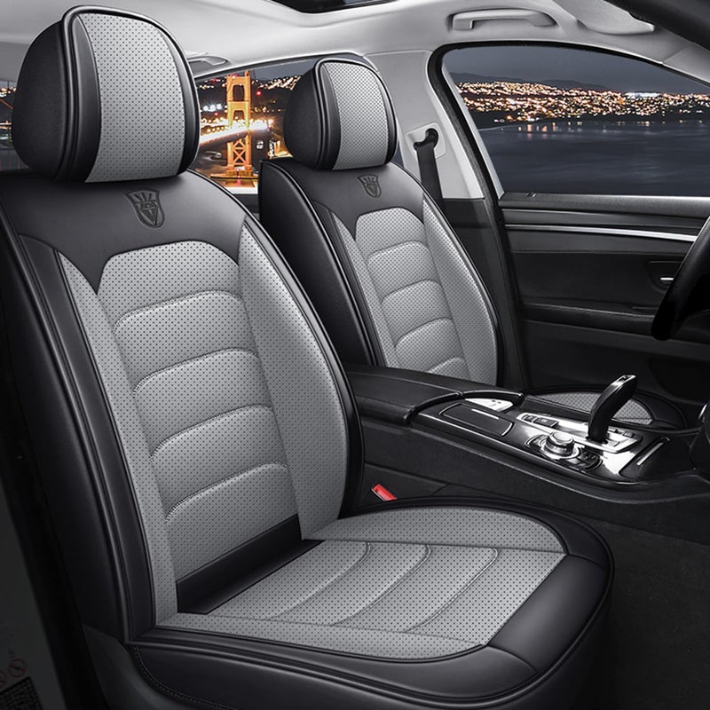 QUYDDC Universal 2 Front Seats Car Seat Cover Fit for Most Cars Nappa Leather Car Seat Cushion Super Breathable Storage Bags All Season Car Seat Covers Full Set 3D Foam Back Support Black Ash