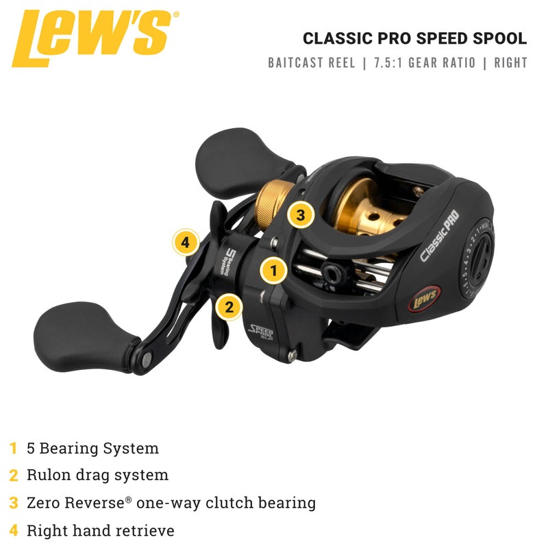 Lew's Classic Pro Speed Spool SLP 7.5:1 Left Hand Baitcast Reel Clam Pack,Black,Gold - Image 2