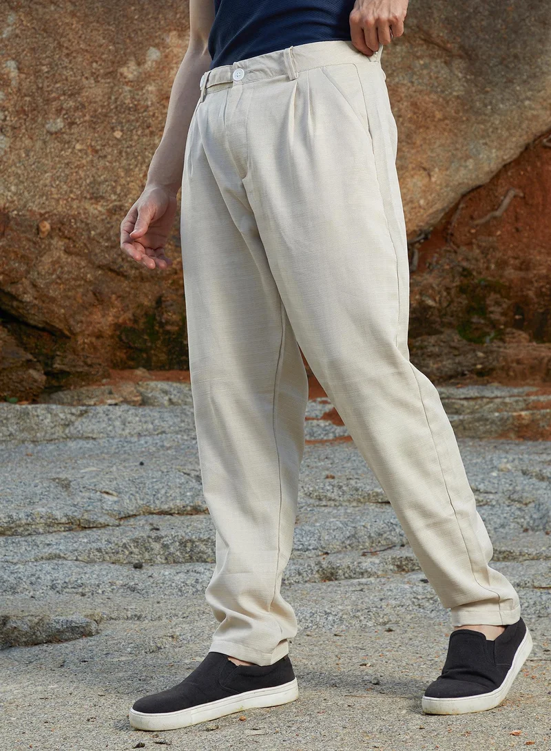Campus Sutra Men's Saltbox Beige Korean Tailored Trousers For Casual Wear | Regular Fit | Low-Rise | Button Closure | Trousers Crafted With Comfort Fit For Everyday Wear
