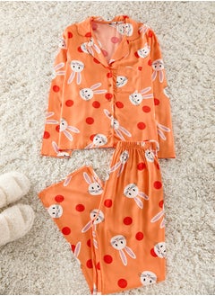 Orange Rabbit Patterned Viscose Woven Pajama Set THMAW21PT0048