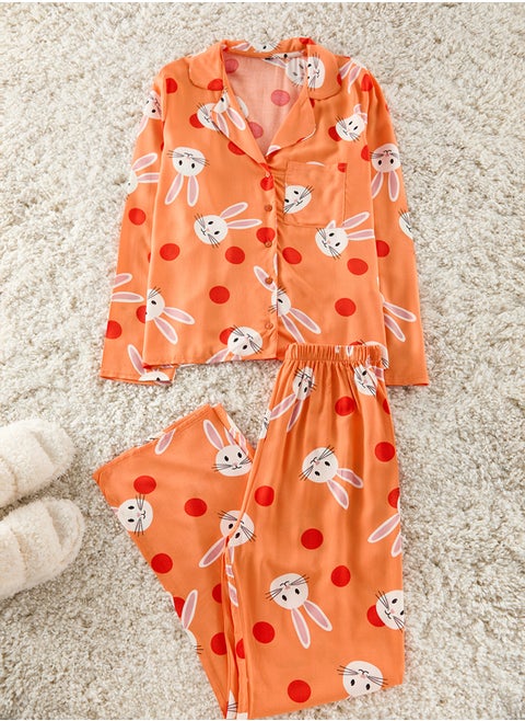 Orange Rabbit Patterned Viscose Woven Pajama Set THMAW21PT0048