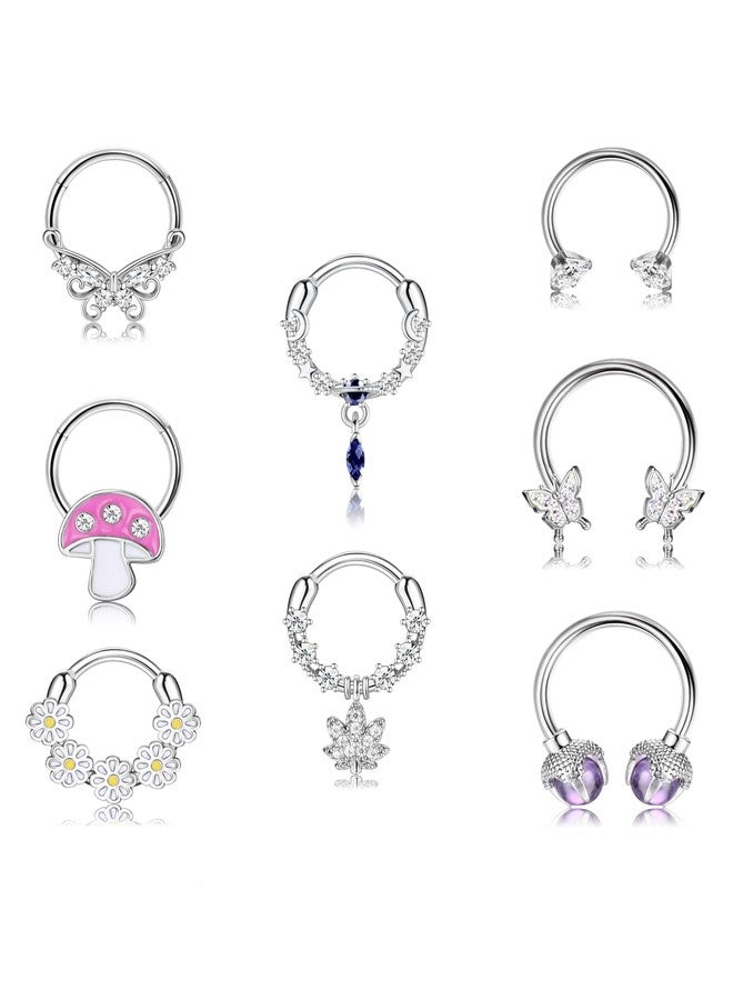 Drperfect 8Pcs Nose Rings Hoops for Women, 316L Surgical Steel Septum Clicker Rings Hinged CZ Silver Nose Ring Hoop 16G Eyebrow Lip Cartilage Tragus Rook Helix Conch Daith Piercing Jewelry 8mm/10mm - Image 1