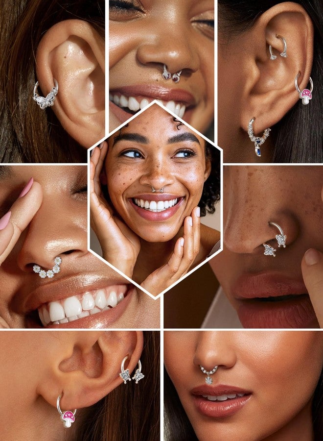 Drperfect 8Pcs Nose Rings Hoops for Women, 316L Surgical Steel Septum Clicker Rings Hinged CZ Silver Nose Ring Hoop 16G Eyebrow Lip Cartilage Tragus Rook Helix Conch Daith Piercing Jewelry 8mm/10mm - Image 3