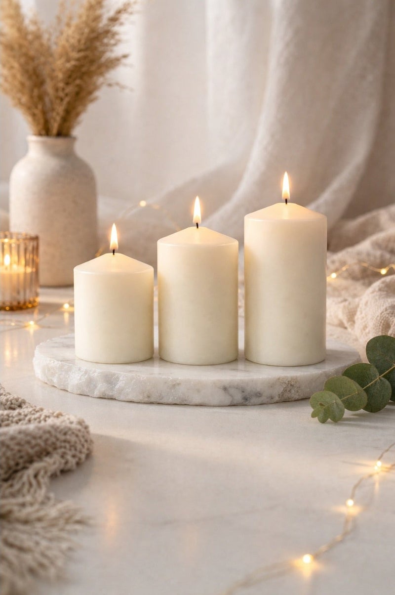 O2. Set of 3 Unscented Pillar Candles, Decorative Thick Cylinder Candles for Home Decor, Dining Table, Wedding, Party, Spa and Centerpiece Display, 7 cm Diameter, 7.5/10/12.5 cm Height - Image 1