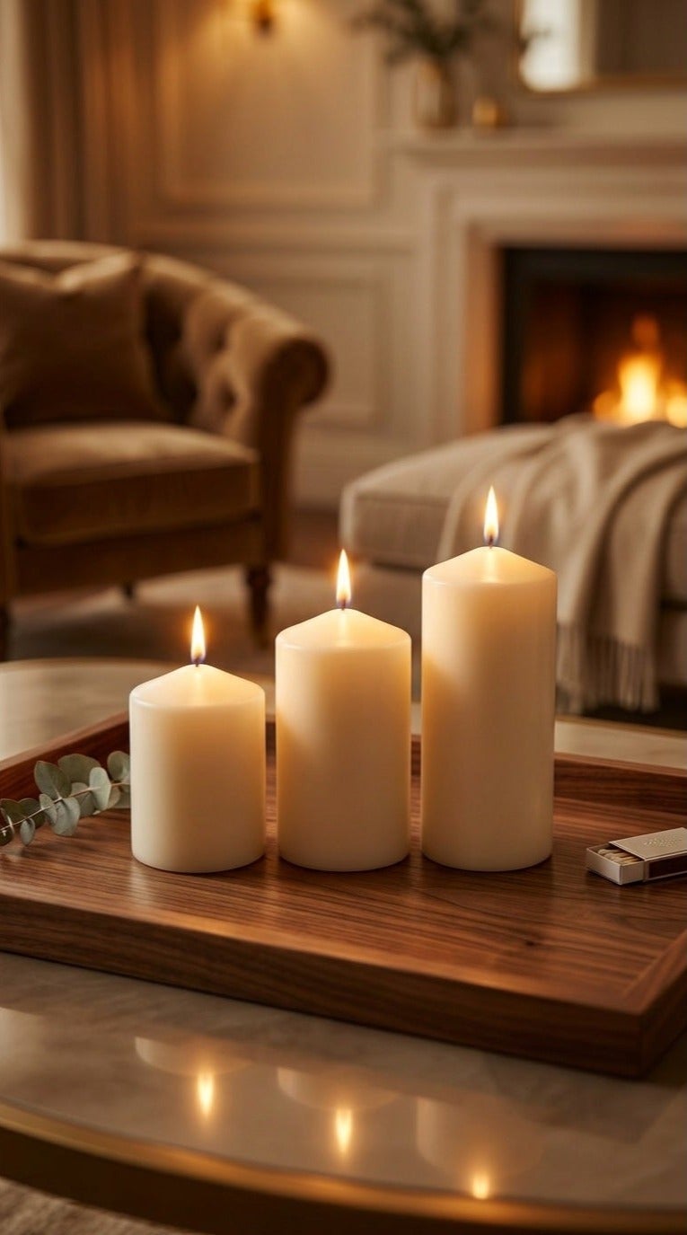 O2. Set of 3 Unscented Pillar Candles, Decorative Thick Cylinder Candles for Home Decor, Dining Table, Wedding, Party, Spa and Centerpiece Display, 7 cm Diameter, 7.5/10/12.5 cm Height - Image 3