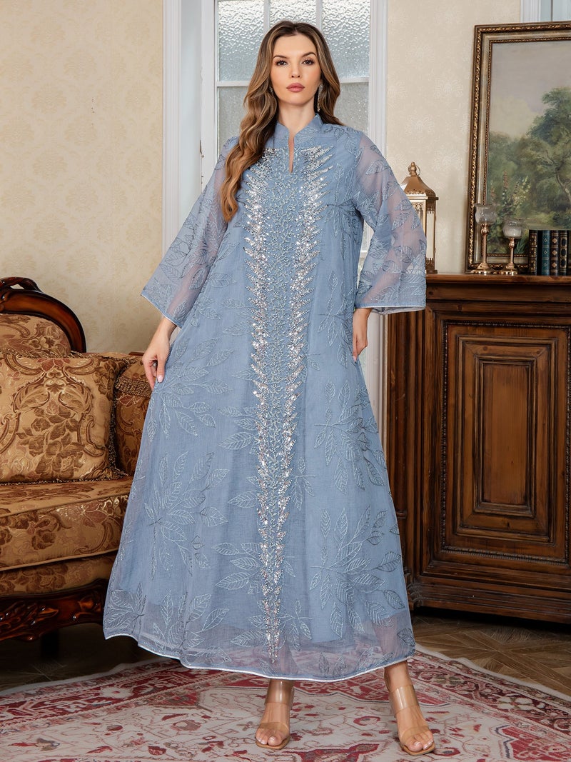 Embroidered Mesh Kaftan Dress with Sequin Details - Long Sleeve Maxi Gown - Blue