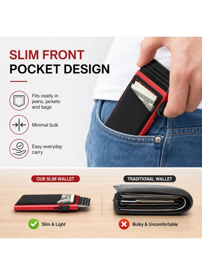 Credit Card Holder RFID Blocking Pop Up Aluminum Alloy Card Holder Slim Front Pocket Wallet Red - Image 5