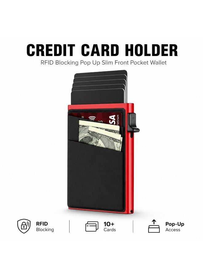 Credit Card Holder RFID Blocking Pop Up Aluminum Alloy Card Holder Slim Front Pocket Wallet Red - Image 1