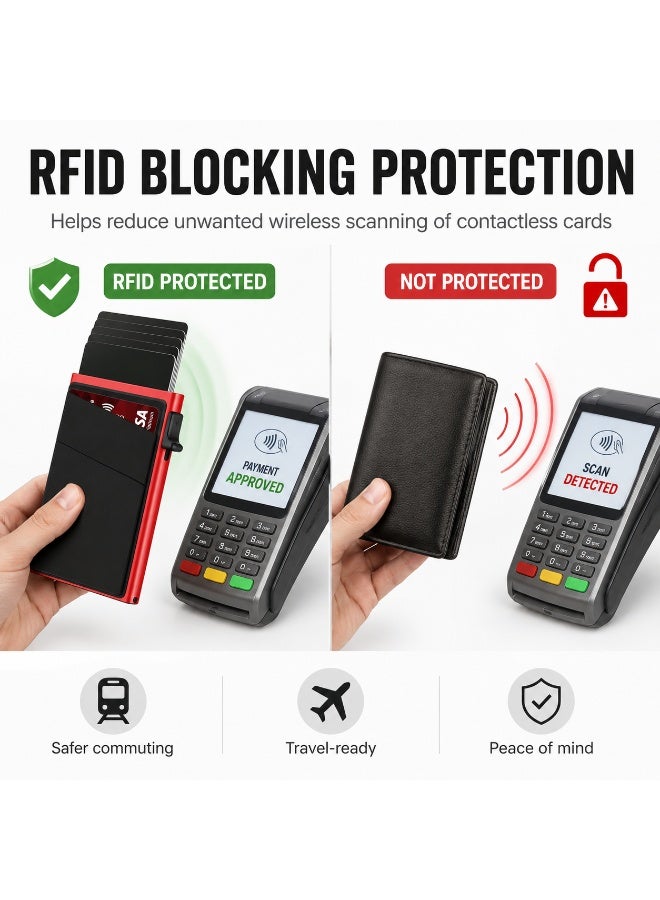 Credit Card Holder RFID Blocking Pop Up Aluminum Alloy Card Holder Slim Front Pocket Wallet Red - Image 4