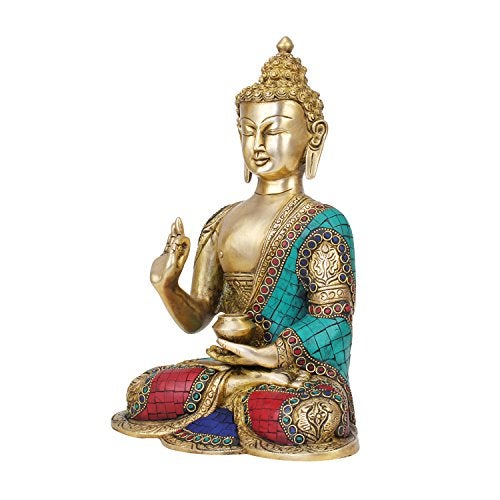 Kartique Turquoise Brass Buddha in Blessing Posture Home Decor Sculpture Height 10 Inches Multicoloured, 8.5 x 11. Buddha Idol for Home Decor - Image 3