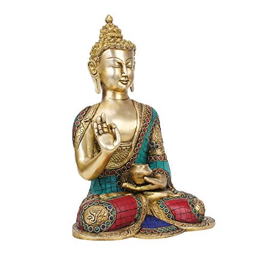 Kartique Turquoise Brass Buddha in Blessing Posture Home Decor Sculpture Height 10 Inches Multicoloured, 8.5 x 11. Buddha Idol for Home Decor - Image 2