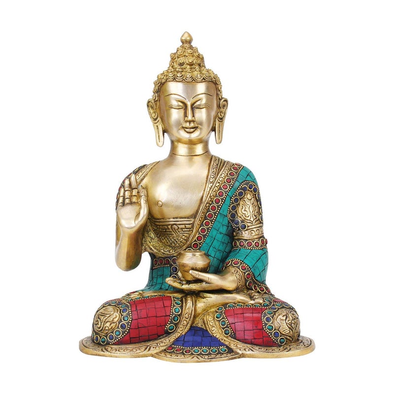 Kartique Turquoise Brass Buddha in Blessing Posture Home Decor Sculpture Height 10 Inches Multicoloured, 8.5 x 11. Buddha Idol for Home Decor - Image 5