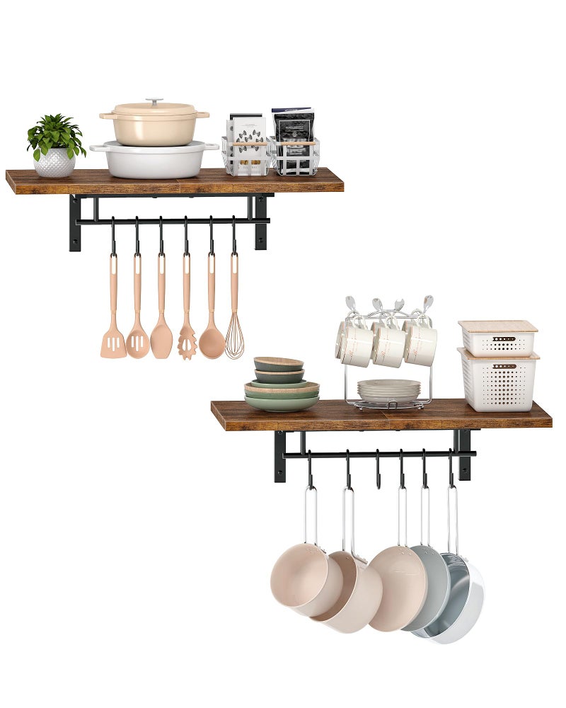 CHOEZON Wall-Mounted Pot Racks, Set of 2 Hanging Pot Rack, Floating Shelves, Wall Shelves, Vintage Pot Hangers for Kitchen, Wall Rack for Kitchen Storage, Rustic Brown and Black TPR26P2BF - Image 1