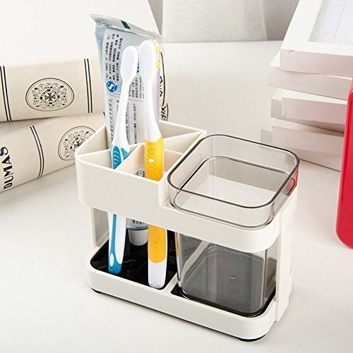 Inditradition Toothbrush Toothpaste Holder with Removable Cup | Bathroom Toiletries Organizer Stand (Acrylic, Beige) - Image 1
