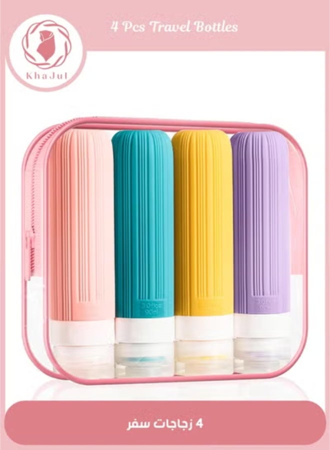 KHAJUL 4-Pack Leak Proof Silicone Travel Bottles, BPA-Free Soft Silicone Containers, Refillable Travel Toiletry Bottles for Shampoo, Lotion, Body Wash, Conditioner, Travel Accessories, Pink - Image 1