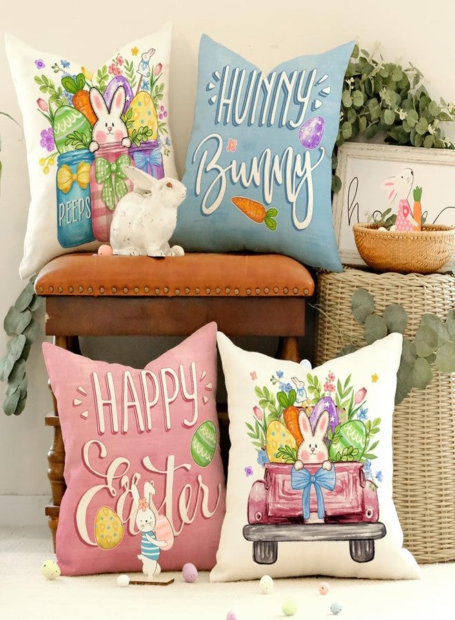 GEEORY Happy Easter Eggs Hunny Bunny Throw Pillow Covers 18x18 Inch Set of 4, Peeps Mason Jars Truck Spring Decorative Farmhouse Holiday Cushion Case for Home Decoration G688-18 - Image 3