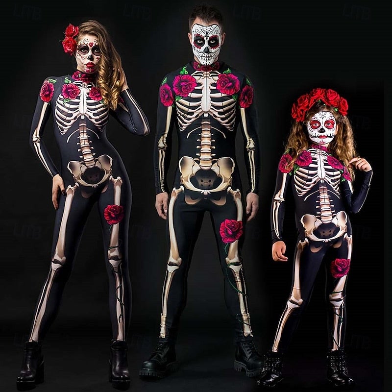 Y&D Skull Skeleton Sugar Skull Bodysuit Halloween Group Couples Costumes Full Body Catsuit Scary Costume Men's Women's Boys' Kid's Adults' Performance Party Club Halloween Carnival  Easy - Image 1