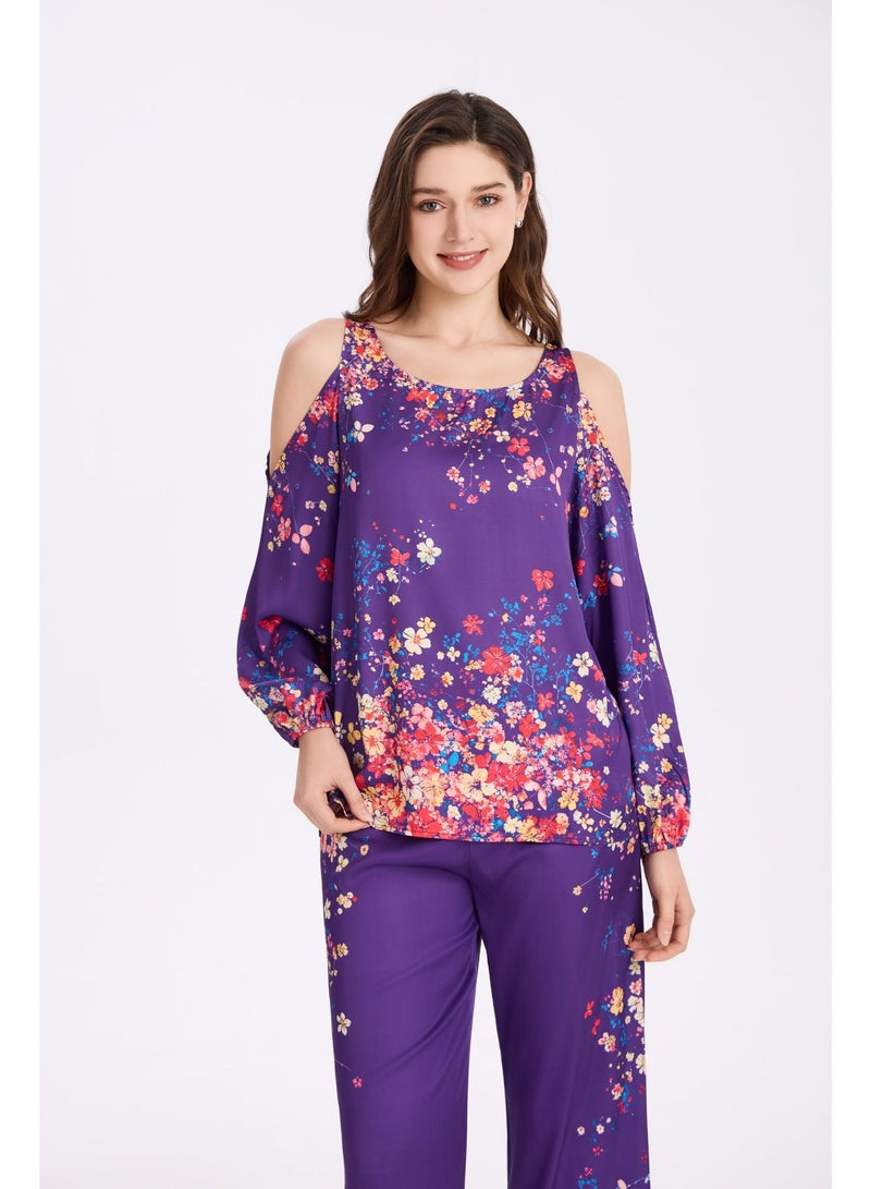 MASHUCK Luxury Off-Shoulder Women's Pajama Set - Silky Satin Feel Floral Print Sleepwear - Soft 2-Piece Lounge Night Suit - Image 4