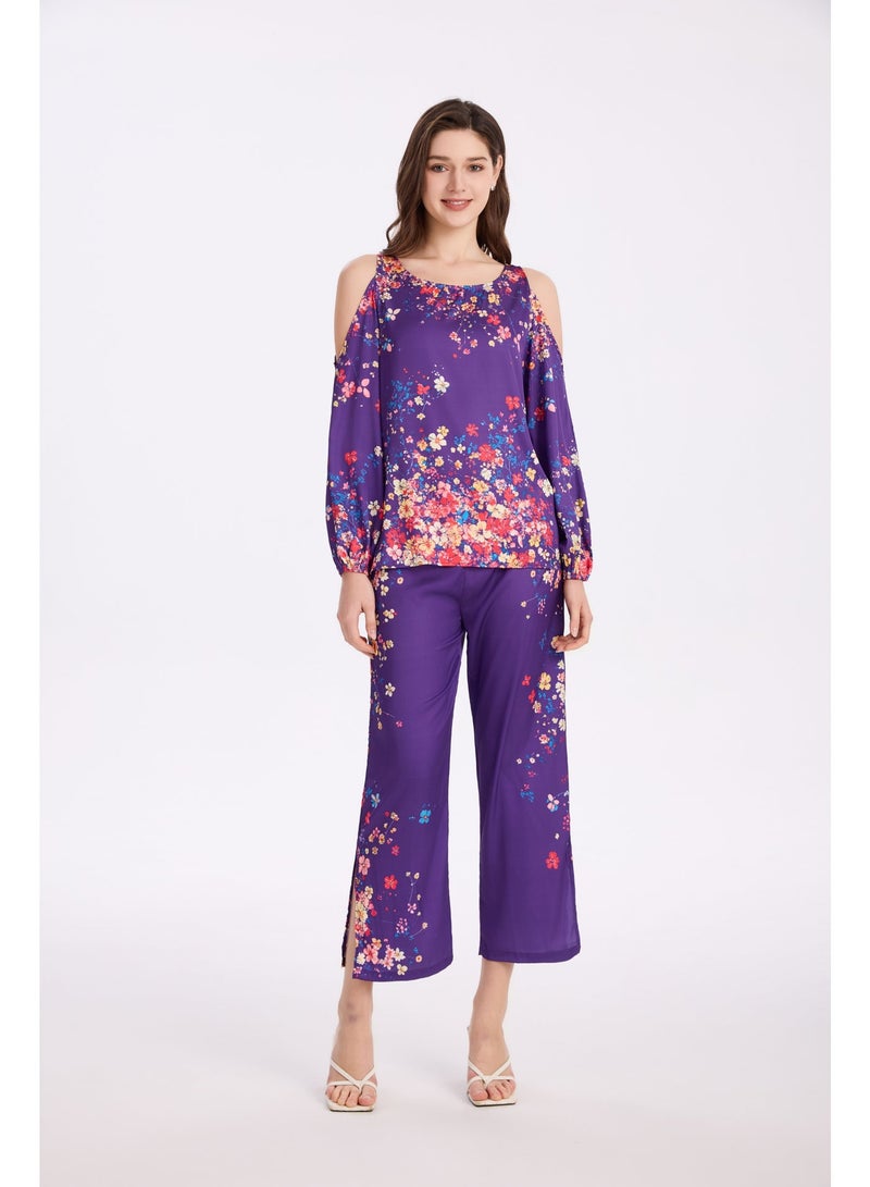 MASHUCK Luxury Off-Shoulder Women's Pajama Set - Silky Satin Feel Floral Print Sleepwear - Soft 2-Piece Lounge Night Suit - Image 1