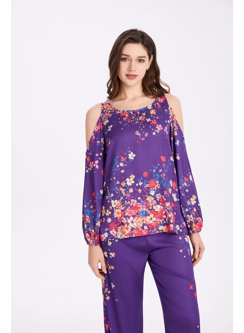 MASHUCK Luxury Off-Shoulder Women's Pajama Set - Silky Satin Feel Floral Print Sleepwear - Soft 2-Piece Lounge Night Suit - Image 5