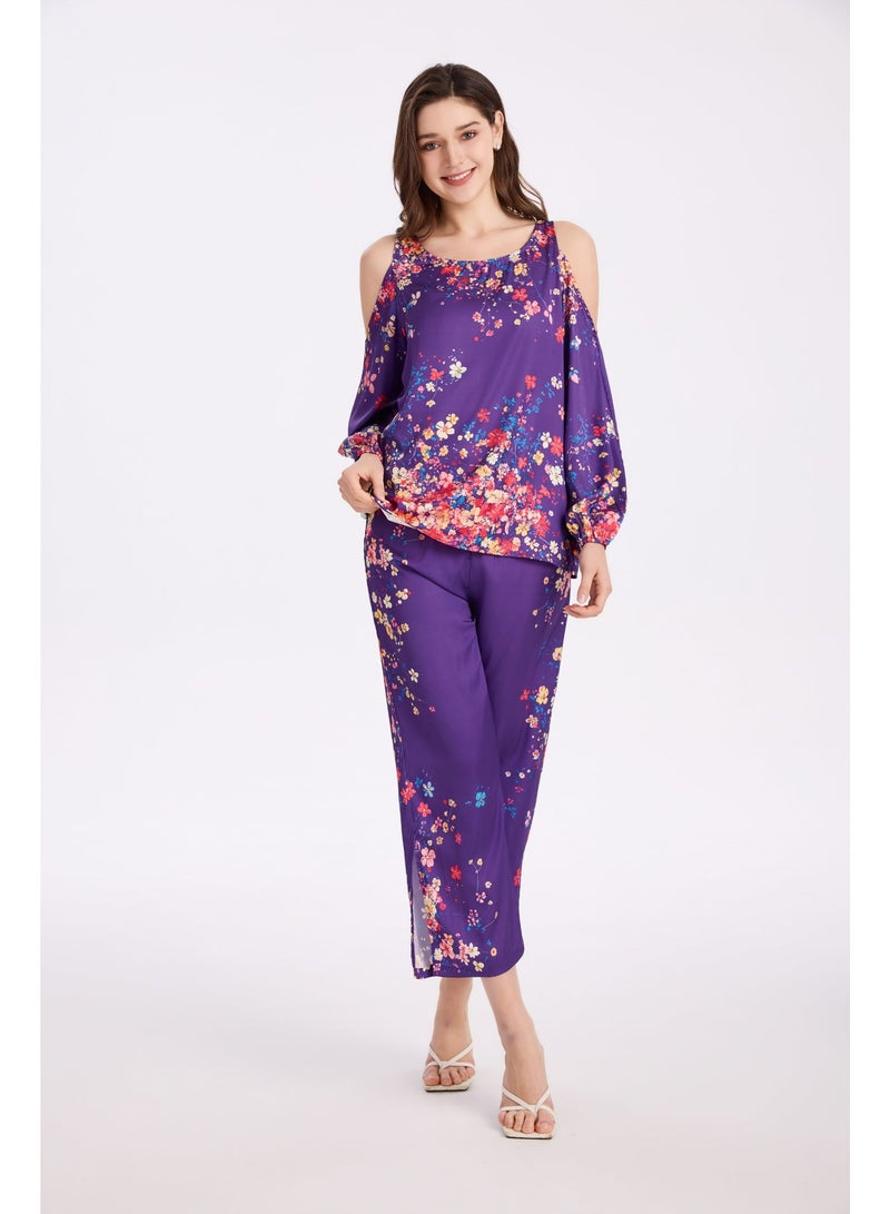 MASHUCK Luxury Off-Shoulder Women's Pajama Set - Silky Satin Feel Floral Print Sleepwear - Soft 2-Piece Lounge Night Suit - Image 2