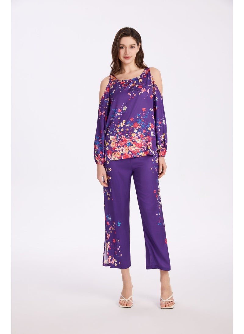 MASHUCK Luxury Off-Shoulder Women's Pajama Set - Silky Satin Feel Floral Print Sleepwear - Soft 2-Piece Lounge Night Suit - Image 3