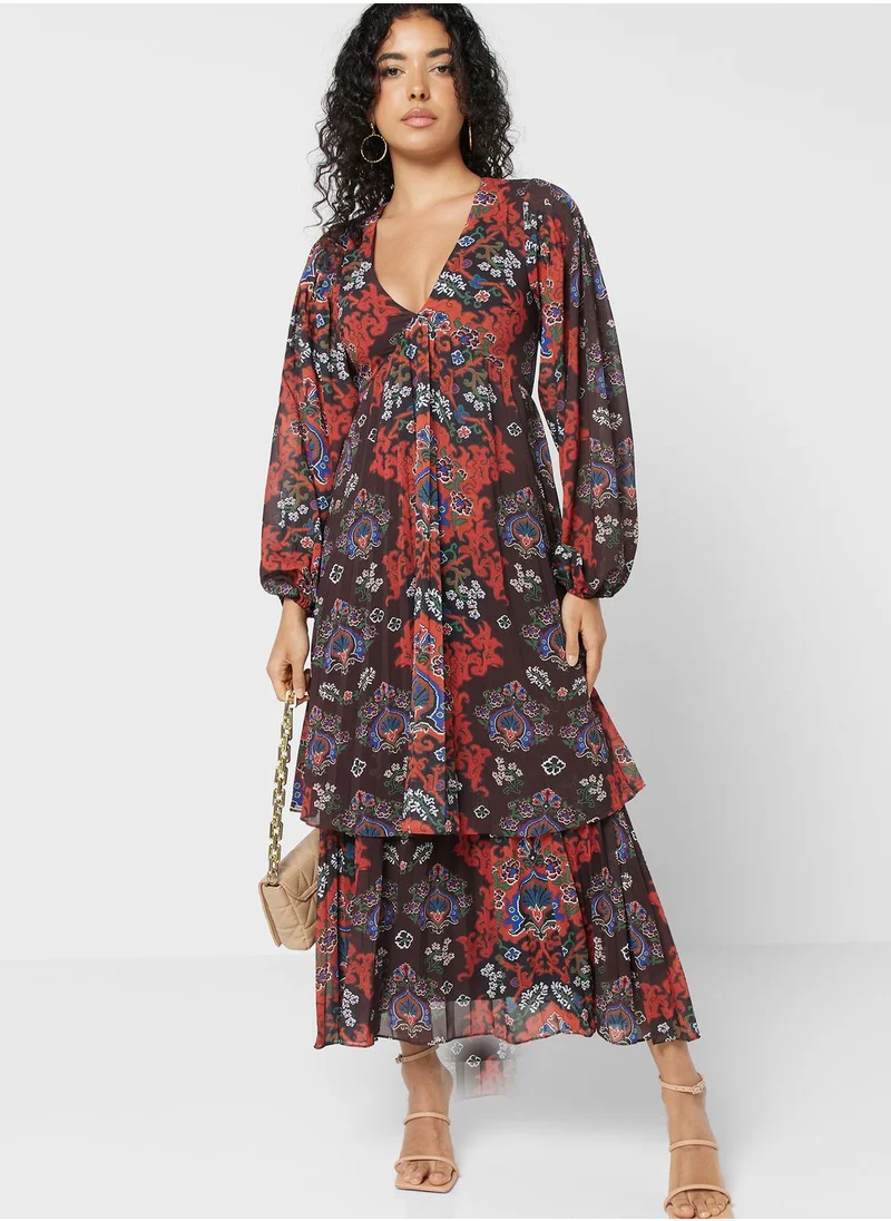 WAREHOUSE Floral Print Pleated Tiered Dress