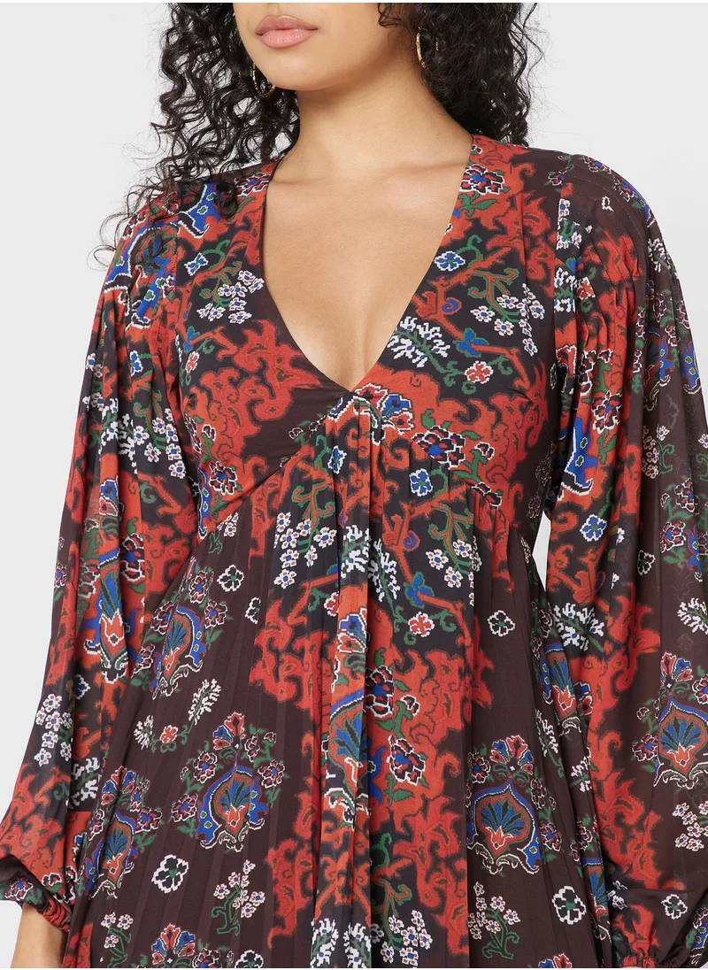 WAREHOUSE Floral Print Pleated Tiered Dress