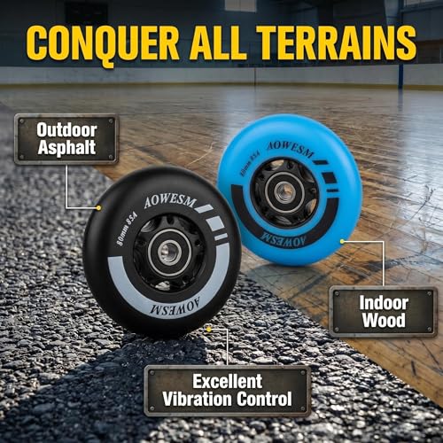 AOWESM Inline Skate Wheels 80mm 76mm 72mm 85a Outdoor Indoor Roller Blade Wheel Black Blue Red Roller Hockey Replacement Wheels w/Bearings ABEC-9 and Floating Spacers (8-Pack) (Black, 72mm) - Image 5